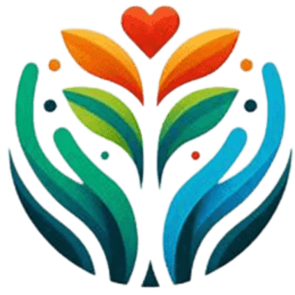 Untitled design (6) A stylized logo with abstract blue hands forming a circular shape around colorful leaves and a red heart.