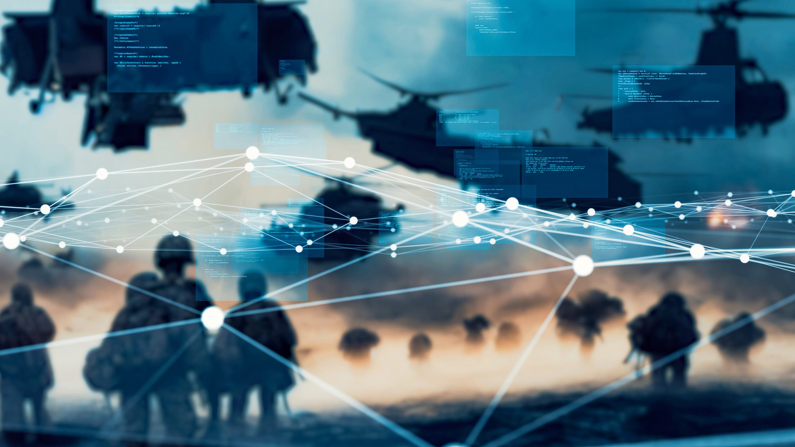 Battlefield,And,Network.,Hybrid,War. A digital visualization of soldiers and helicopters on a battlefield, overlaid with interconnected nodes and lines representing a network, with text fragments and codes scattered throughout the image.
